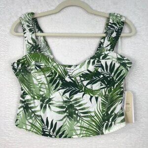 Midnight Sky Top Women Large Green Crop Tank Linen Tropical Corset Festival Palm